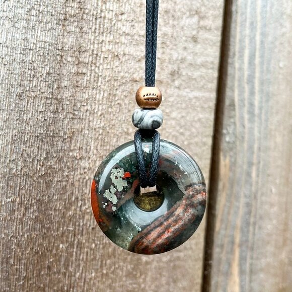 African Bloodstone & Lucky Coin Pendant Necklace | Handmade - Picture 4 of 6